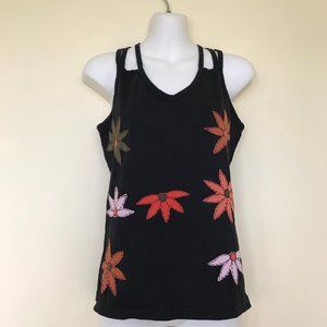 Himalayan Handmades Black Strappy Tank Top with Flower Appliques Made in Nepal